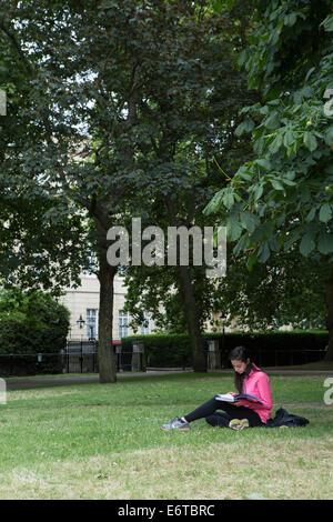 A young woman reading a book in Green Park, London Stock Photo