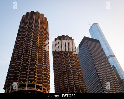 A view of Marina City, the IBM Building (AMA Plaza), and the Trump International Hotel and Tower Chicago. Stock Photo