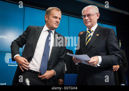 Brussels, Belgium. 30th Aug, 2014. Newly appointed European Council President Donald Tusk and European Council President Herman Van Rompuy pictured during a summit of the European Union at the EU headquarters in Brussels, Belgium on 30.08.2014 Credit:  dpa picture alliance/Alamy Live News Stock Photo