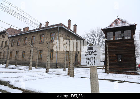 Residential buildings for prisoners awaiting execution at the Auschwitz-Birkenau concentration and extermination camp, in Winter Stock Photo