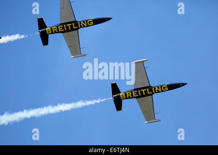 Payerne, Switzerland. 30th Aug, 2014.Breitling Jet Team flying at the air Show at AIR14 on Saturday 30th August Credit:  Carsten Reisinger/Alamy Live News Stock Photo