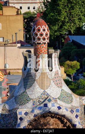 Casa del Guarda architectural details by Antoni Gaudi in Park Guell, Barcelona, Catalonia, Spain. Stock Photo