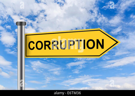 corruption words on yellow road sign on blue sky Stock Photo