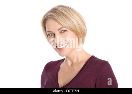 Portrait: isolated face of a smiling attractive middle aged blond woman. Stock Photo