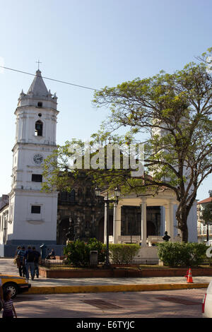 View of the Plaza Mayor of the Casco Antiguo of Panama City, with the Cathedral in the back and the central gazebo in front. Stock Photo