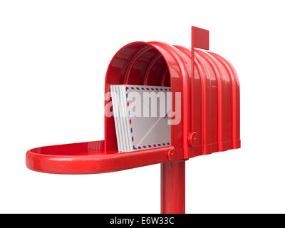 3d illustration of opened red mailbox with letters isolated on white background Stock Photo