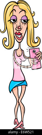 Cartoon Illustration of Girl with Pimple on her Nose Doing Selfie Photo by Smart Phone for Social Media Stock Photo