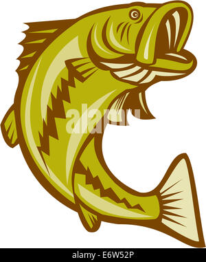 Illustration of a largemouth bass fish jumping done in cartoon style on isolated white background. Stock Photo