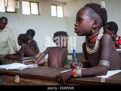 Hamer Tribe Kids In A School, Turmi, Omo Valley, Ethiopia Stock Photo