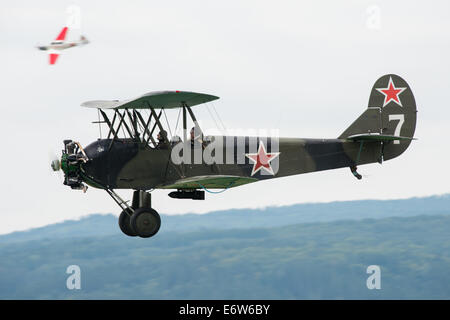 SLIAC, SLOVAKIA - AUGUST 30: Polikarpov Po-2 with members of Retro Sky Team on SIAF airshow in Sliac, Slovakia on August 30, 2014 Credit:  Lubos Paukeje/Alamy Live News Stock Photo