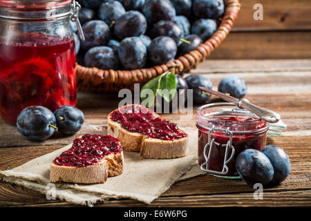 Sandwich with fresh plum jam Stock Photo