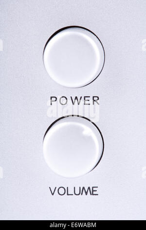 Power and volume buttons on audio speakers. Stock Photo