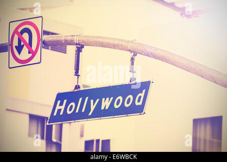 Vintage picture of Hollywood street sign in Hollywood, USA. Stock Photo