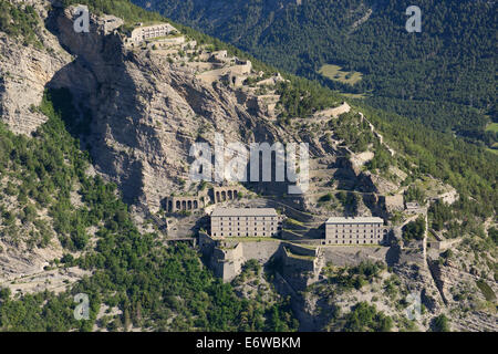 AERIAL VIEW. Military fortress above the Ubaye Valley. Fort de Tournoux, La Condamine-Châtelard, Alpes-de-Haute-Provence, France. Stock Photo