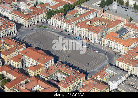 AERIAL VIEW. Plaza Galimberti. Cuneo, Province of Cuneo, PIedmont, Italy. Stock Photo