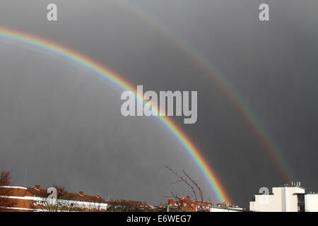 Double rainbow over Hackney, East London  Featuring: Double rainbow Where: London, United Kingdom When: 08 Feb 2014 Stock Photo