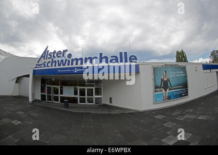 Hamburg, Germany. 31st Aug, 2014. The entrance to the Alster swimming bath with its sign reading 'Alsterschwimmhalle' in Hamburg, Germany, 31 August 2014. If Hamburg is awarded the contract for the Olympic Games in 2024 or 2028 the games will be held as central in the city as possible. Photo: Axel Heimken/dpa/Alamy Live News Stock Photo