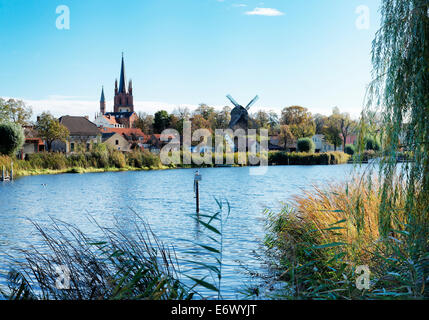 River Havel with Heilig-Geist church and Buck windmill in Werder an der Havel, Land Brandenburg, Germany Stock Photo