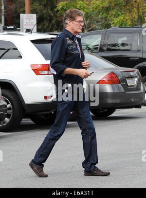 Former 'Baywatch' star David Hasselhoff shows off a toned physique at age 61, as he shops at Bed Bath & Beyond with girlfriend Hayley Roberts. Hasselhoff was spotted changing his shirt in a public parking lot located in Studio City  Featuring: David Hasse Stock Photo