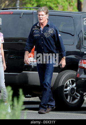 Former 'Baywatch' star David Hasselhoff shows off a toned physique at age 61, as he shops at Bed Bath & Beyond with girlfriend Hayley Roberts. Hasselhoff was spotted changing his shirt in a public parking lot located in Studio City  Featuring: David Hasse Stock Photo