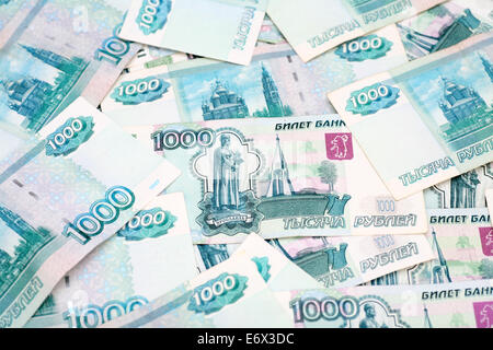 Closeup of Russian banknotes. One Thousand Ruble Notes. Stock Photo