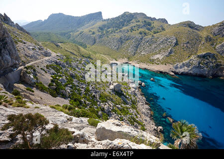 Coastal highway MA-2210 to Cap de Formentor, Cala Figuera bay on the right, Formentor Peninsula, North Coast, Mallorca, Balearic Stock Photo