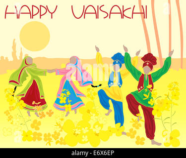 an illustration of a folk dance amongst the mustard crops of rural Punjab with the greeting happy Vaisakhi Stock Photo