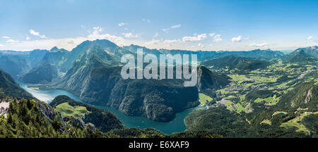 View of Königssee Lake, Mt Watzmann and the municipality of Schönau am Königsee, from Mt Jenner, Berchtesgaden National Park Stock Photo