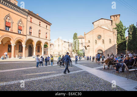 Bologna,Italy-May 17,2014:tourist in Saint Stephen square or Piazza San Stefano during a sunny day take something to drink or ea Stock Photo