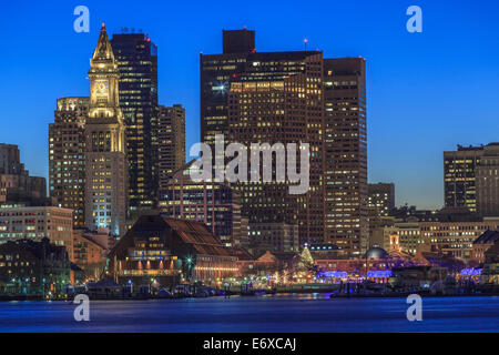 Boston skyline at dusk viewed from East Boston, Massachusetts, USA Stock Photo