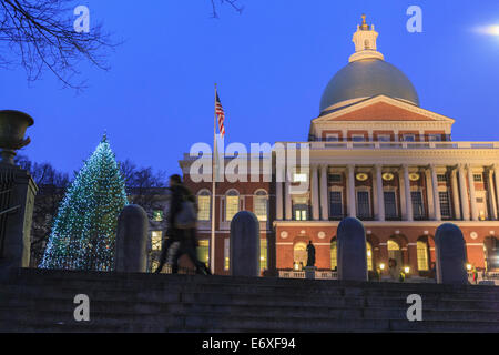 Boston State House at dusk on New Year's Eve and holiday tree, Boston, Massachusetts, USA