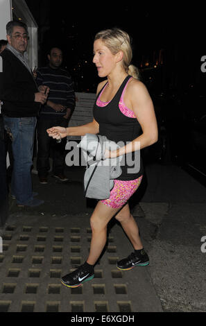 Ellie Goulding returning home from the gym, still wearing her workout clothes, including a pink sports bra and matching shorts  Featuring: Ellie Goulding Where: London, United Kingdom When: 26 Feb 2014 Stock Photo