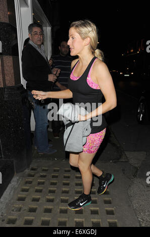 Ellie Goulding returning home from the gym, still wearing her workout clothes, including a pink sports bra and matching shorts  Featuring: Ellie Goulding Where: London, United Kingdom When: 26 Feb 2014 Stock Photo