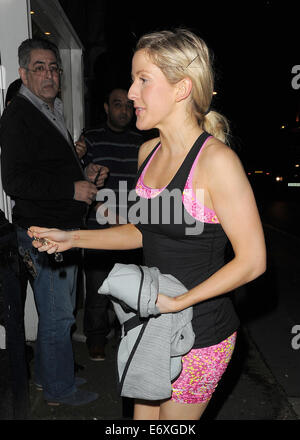 Ellie Goulding returning home from the gym, still wearing her workout clothes, including a pink sports bra and matching shorts  Featuring: Ellie Goulding Where: London, United Kingdom When: 26 Feb 2014 Stock Photo