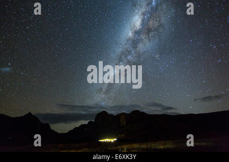 Southern starry Sky with milky way, over the Tsaranoro Mountain Range, South Madagascar, Africa Stock Photo