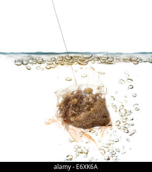 sachet of chamomile dipped in hot water Stock Photo