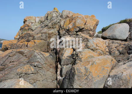 British Channel Islands. Alderney. Coastal rock formation. Stock Photo