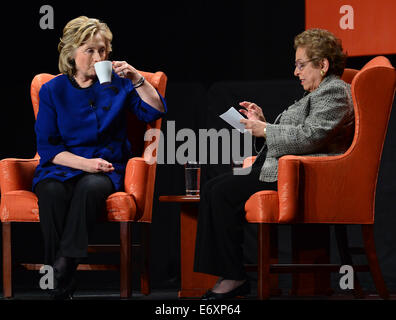 Hillary Clinton speaks during an event at the University of Miami BankUnited Center.  Featuring: Hillary Rodham Clinton Former Secretary of State,Donna E. Shalala President of the University of Miami,Donna E Shalala Where: Coral Gables, Florida, United St Stock Photo