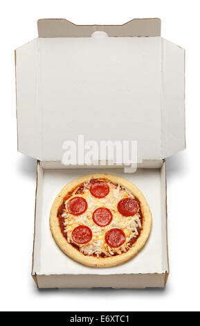 Small Pizza in White Cardboard Box Isolated on White Background. Stock Photo