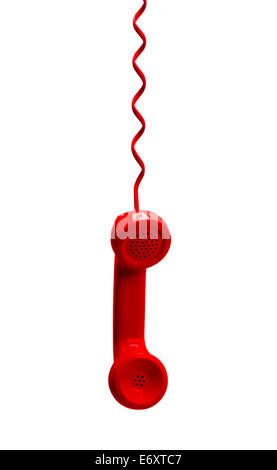 Red Phone Hanging Isolated on White Background. Stock Photo