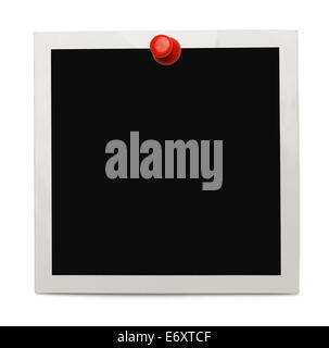 Old Photo with Copy Space and Red Thumb Tack Isolated on White Background. Stock Photo