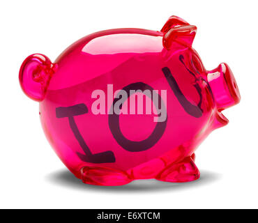 Pink piggy bank with Iou note inside isolated on white background. Stock Photo