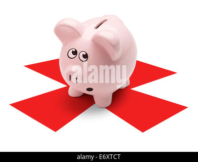 Pink Pig standing on X mark about to be broken open, Isolated on White Background. Stock Photo