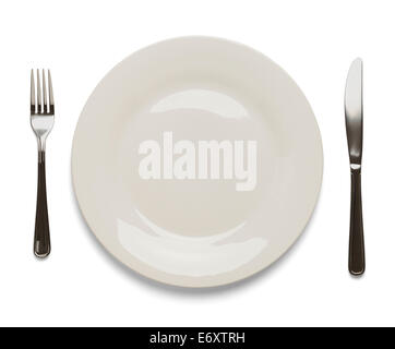 Dinner Plate with Silverware Isolated on White Background. Stock Photo