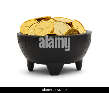Black Pot with Clover Gold Coins Isolated on White Background. Stock Photo