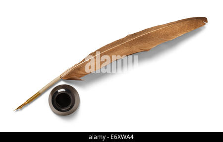 Gold Feather Pen With Ink Isolated on White Background. Stock Photo