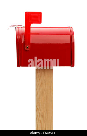 Red Metal Mailbox with Raised Flag Side View. Isolated on White Background. Stock Photo
