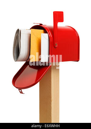 Open Red Mailbox with Mail Inside and Flag Up Isolated on White Background. Stock Photo