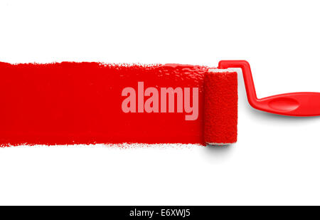 Plastic Paint Roller with Red Paint Isolated on White Background. Stock Photo