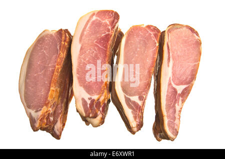 Norfolk black smoked bacon slices isolated on white. Stock Photo